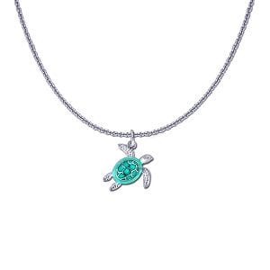 Sea Turtle Necklace-Sterling Silver with Green Enamel and White Topaz